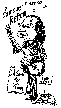 Drawing: caricature of Max playing guitar for campaign finance reform
